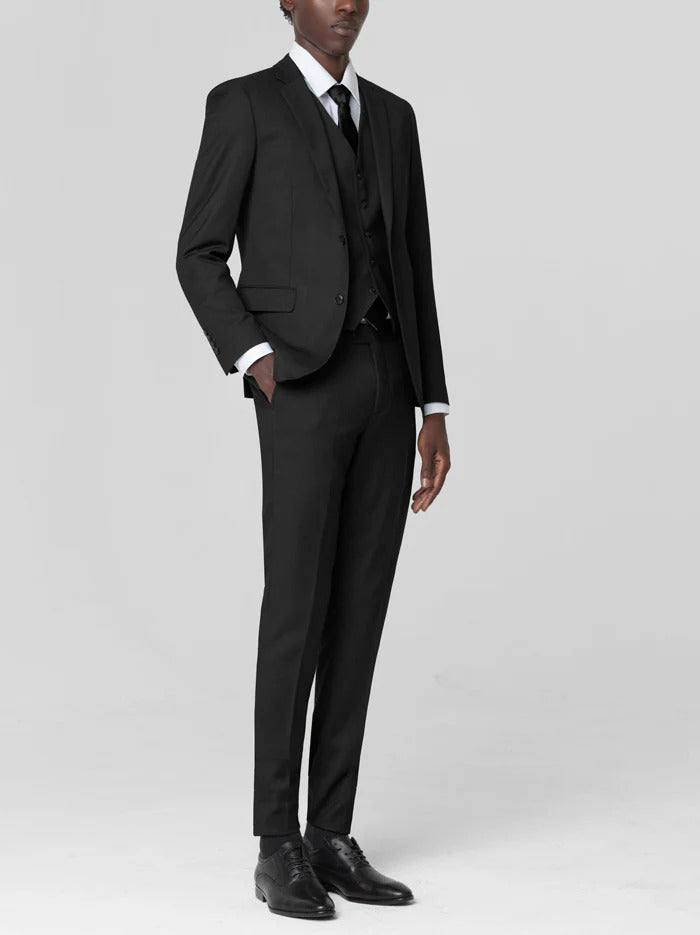 Mens Black Birdseye Three Piece Suit – Modern 2-Button Suit Modern Fit
