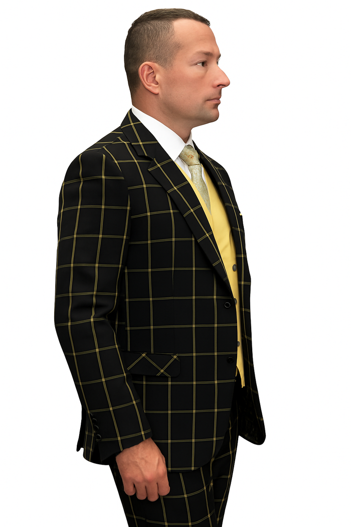 Athletic Suit - Black ~ Yellow Windowpane - Plaid Suit Modern Fit Side Vented Super 150's Wool Fabric - 100% Percent Wool Fabric Suit - Worsted Wool Business Suit - Image 5