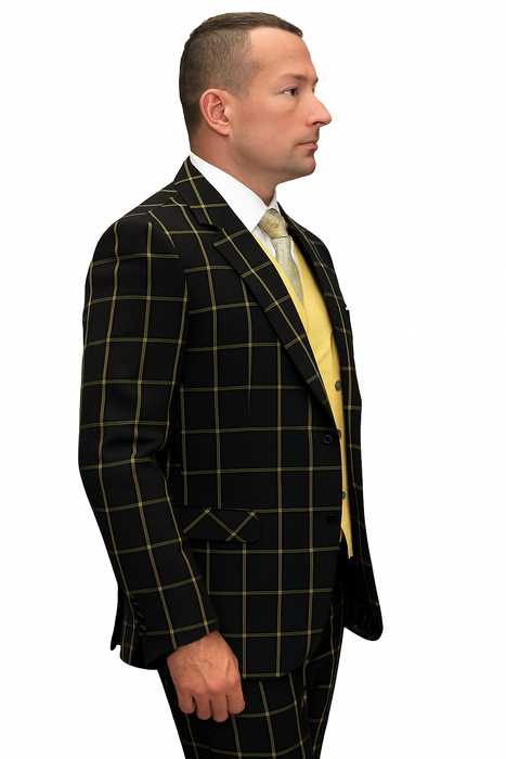 Athletic Suit - Black ~ Yellow Windowpane - Plaid Suit Modern Fit Side Vented Super 150's Wool Fabric - 100% Percent Wool Fabric Suit - Worsted Wool Business Suit