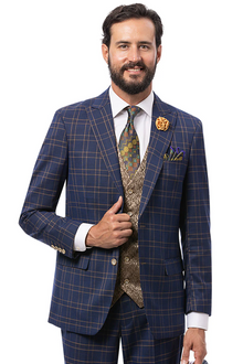 Marc Darcy Wedding Suits Men's Modern Fit Double Windowpane Plaid Suit with Paisley Vest in Navy Blue