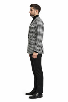Men’s 100% Wool Houndstooth Blazer – Black and White Modern Fit