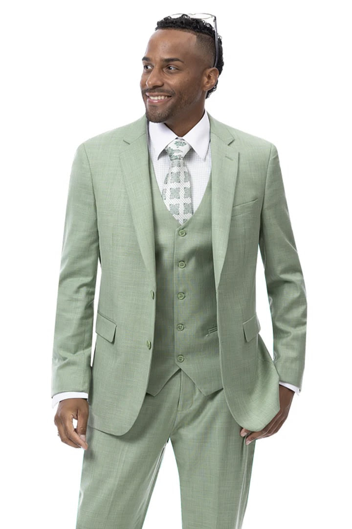EJ Samuel Men’s Modern Fit Sharkskin Vested Suit – Moss Green