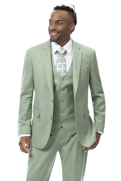 EJ Samuel Men’s Modern Fit Sharkskin Vested Suit – Moss Green