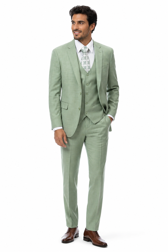 EJ Samuel Men’s Modern Fit Sharkskin Vested Suit – Moss Green