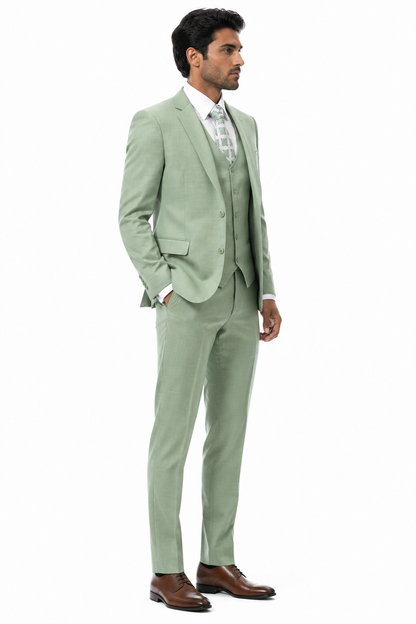 EJ Samuel Men’s Modern Fit Sharkskin Vested Suit – Moss Green