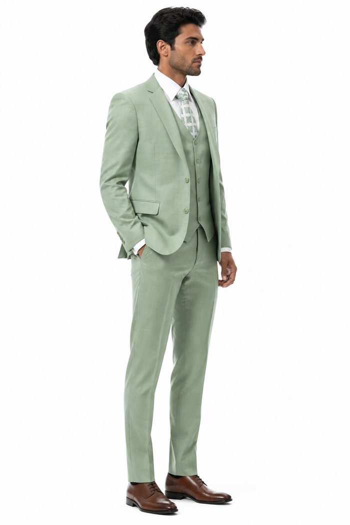 EJ Samuel Men’s Modern Fit Sharkskin Vested Suit – Moss Green