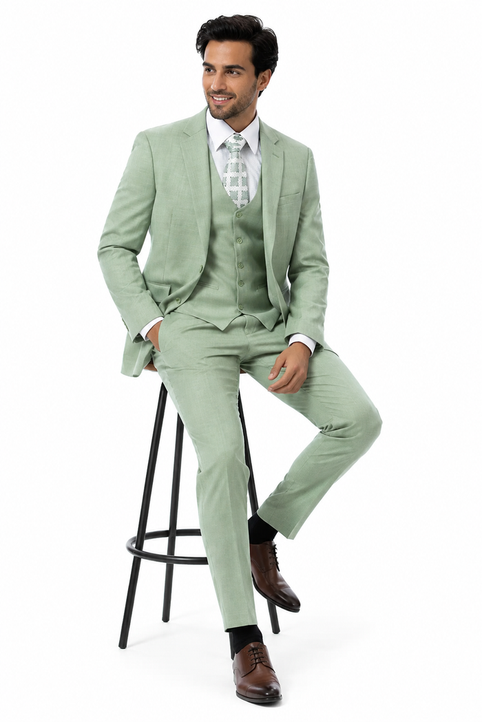 EJ Samuel Men’s Modern Fit Sharkskin Vested Suit – Moss Green