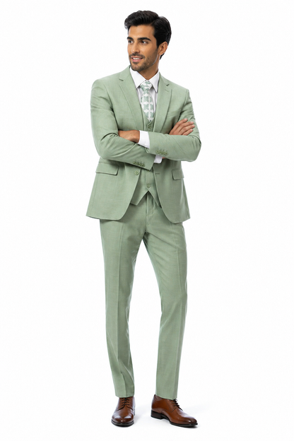 EJ Samuel Men’s Modern Fit Sharkskin Vested Suit – Moss Green