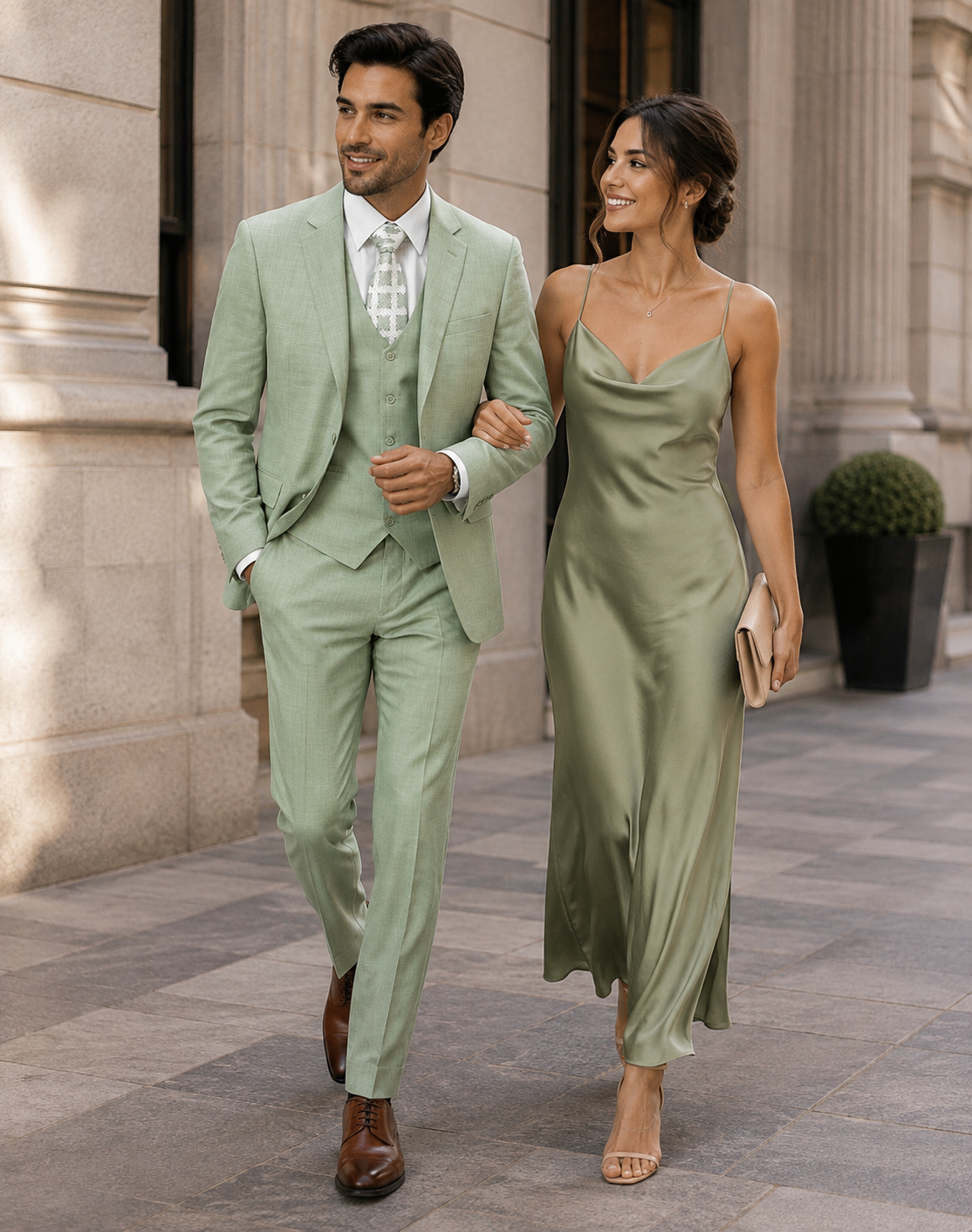 EJ Samuel Men’s Modern Fit Sharkskin Vested Suit – Moss Green