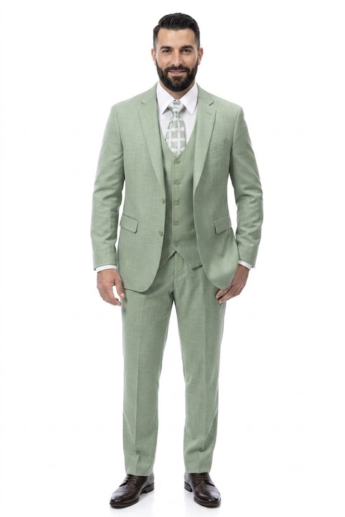 EJ Samuel Men’s Modern Fit Sharkskin Vested Suit – Moss Green