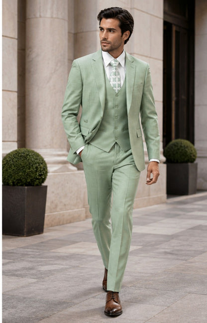 EJ Samuel Men’s Modern Fit Sharkskin Vested Suit – Moss Green