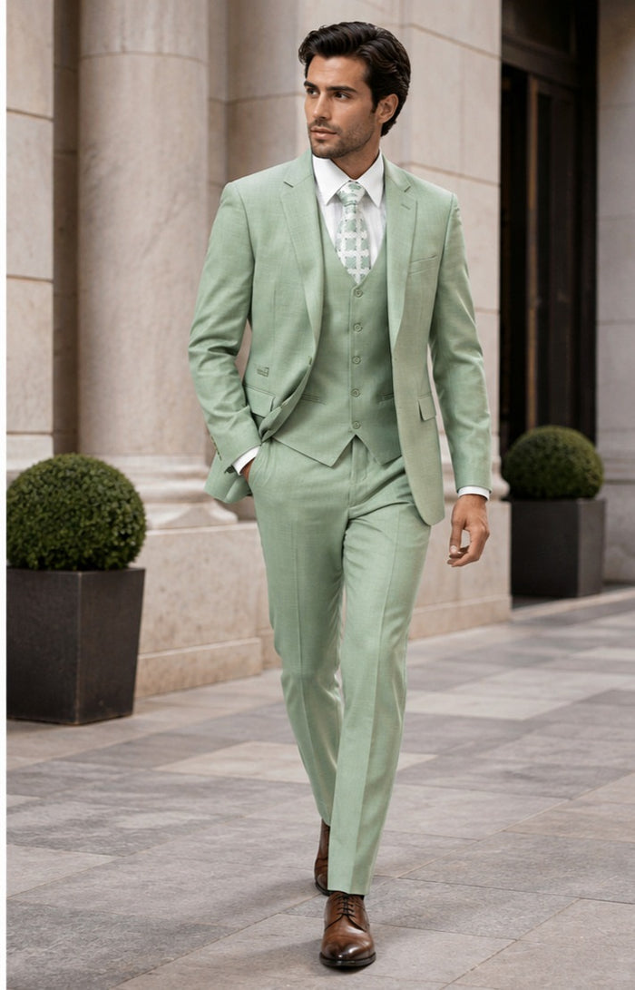 EJ Samuel Men’s Modern Fit Sharkskin Vested Suit – Moss Green