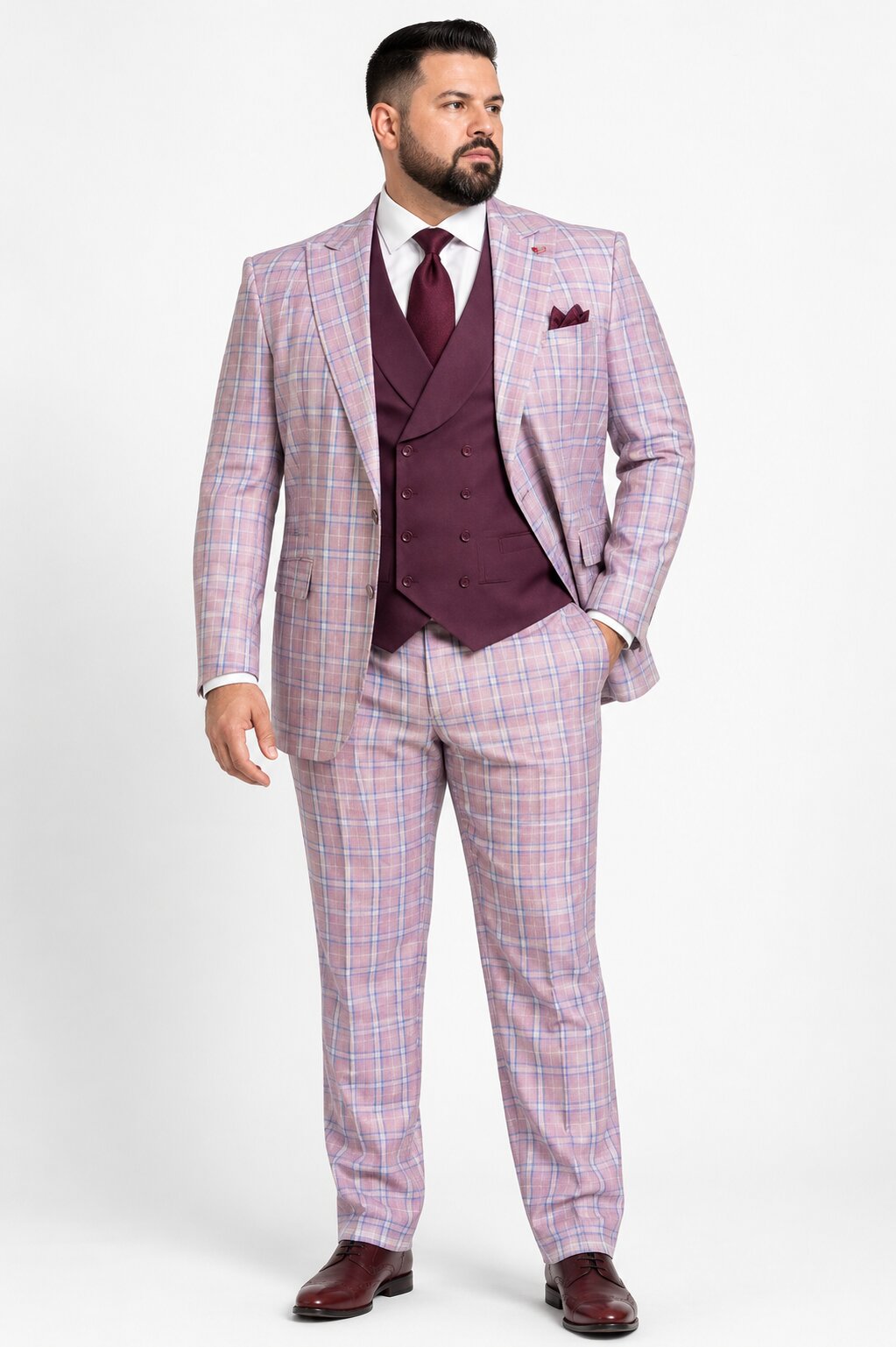 Statement Mens Modern Fit 3 Piece 100% Super 200s Wool Classic Windowpane Suit – Double Breasted Vest