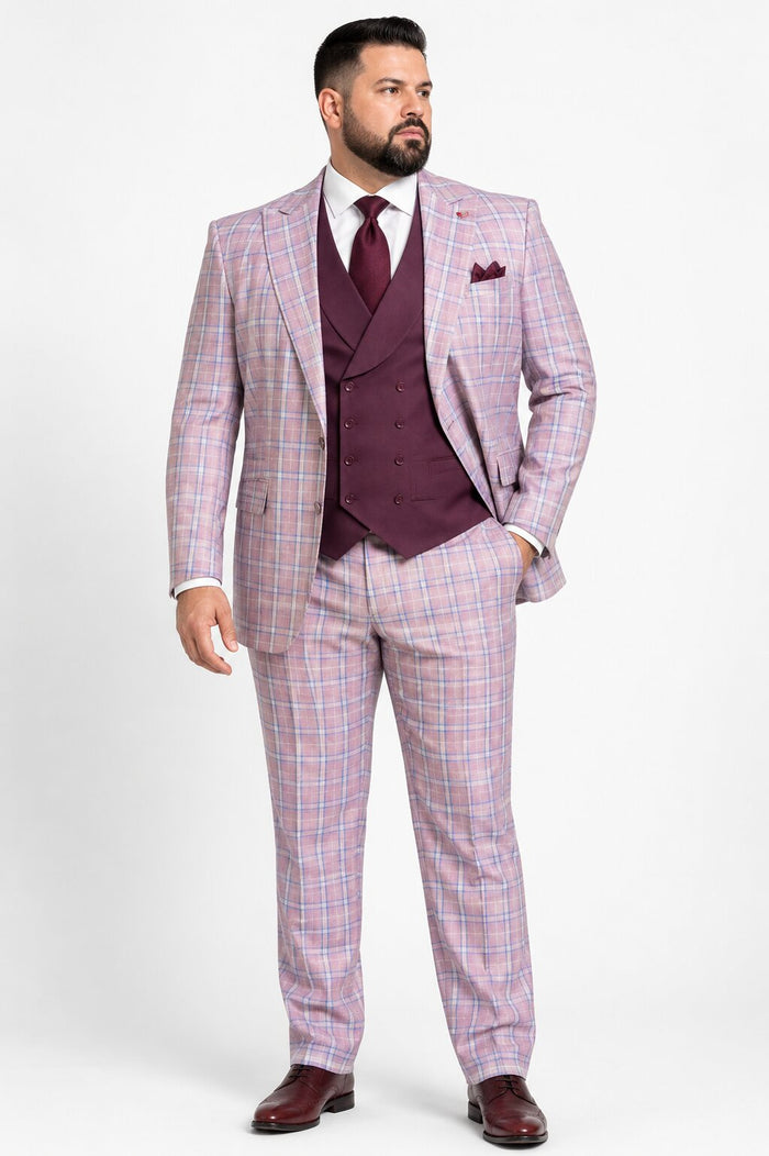 Statement Mens Modern Fit 3 Piece 100% Super 200s Wool Classic Windowpane Suit – Double Breasted Vest