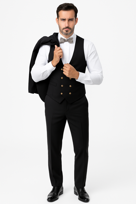 EJ Samuel Men's Black Formal Suit with Double Breasted Vest & Gold Buttons