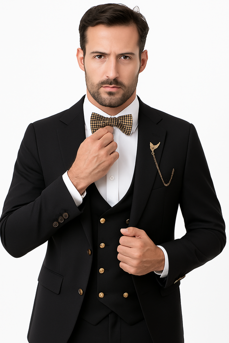 EJ Samuel Men's Black Formal Suit with Double Breasted Vest & Gold Buttons