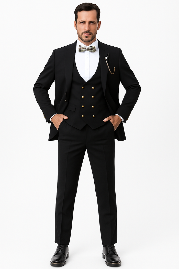 EJ Samuel Men's Black Formal Suit with Double Breasted Vest & Gold Buttons - Image 5