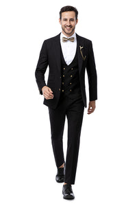 EJ Samuel Men's Black Formal Suit with Double Breasted Vest & Gold Buttons