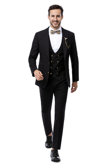 EJ Samuel Men's Black Formal Suit with Double Breasted Vest & Gold Buttons