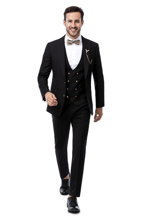 EJ Samuel Men's Black Formal Suit with Double Breasted Vest & Gold Buttons