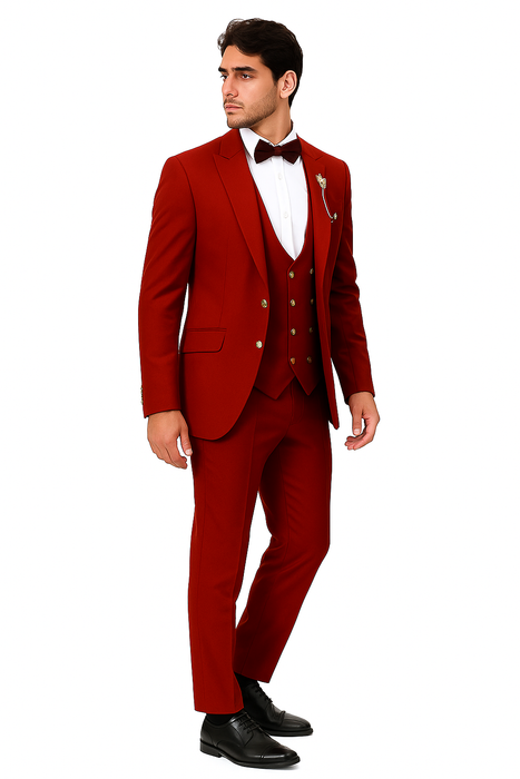 EJ Samuel Men's Red Vested Suit with Double Breasted Bespoke Gold Buttons