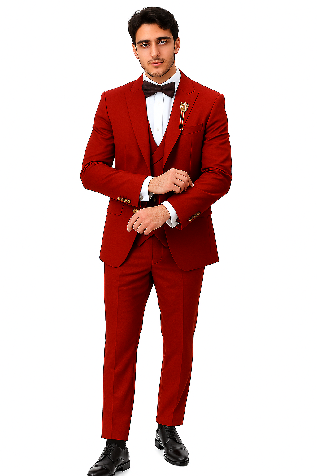 EJ Samuel Men's Red Vested Suit with Double Breasted Bespoke Gold Buttons - Image 5