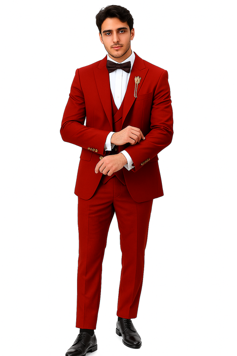 EJ Samuel Men's Red Vested Suit with Double Breasted Bespoke Gold Buttons