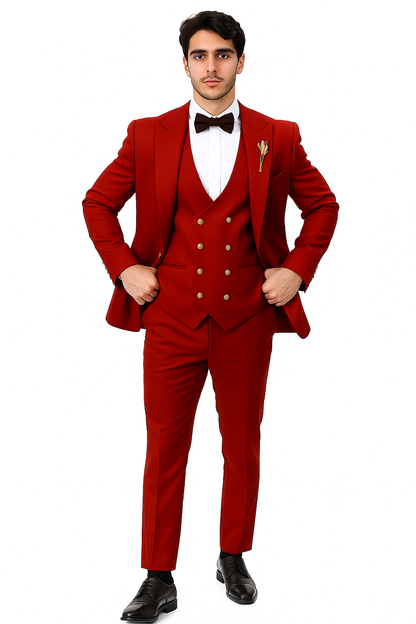 EJ Samuel Men's Red Vested Suit with Double Breasted Bespoke Gold Buttons - Image 4