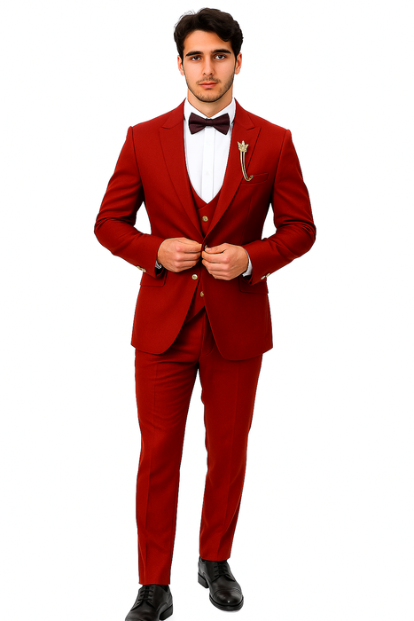 EJ Samuel Men's Red Vested Suit with Double Breasted Bespoke Gold Buttons