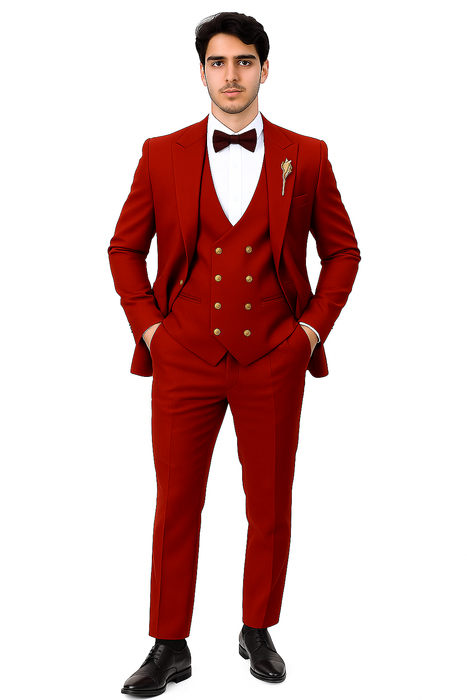 EJ Samuel Men's Red Vested Suit with Double Breasted Bespoke Gold Buttons