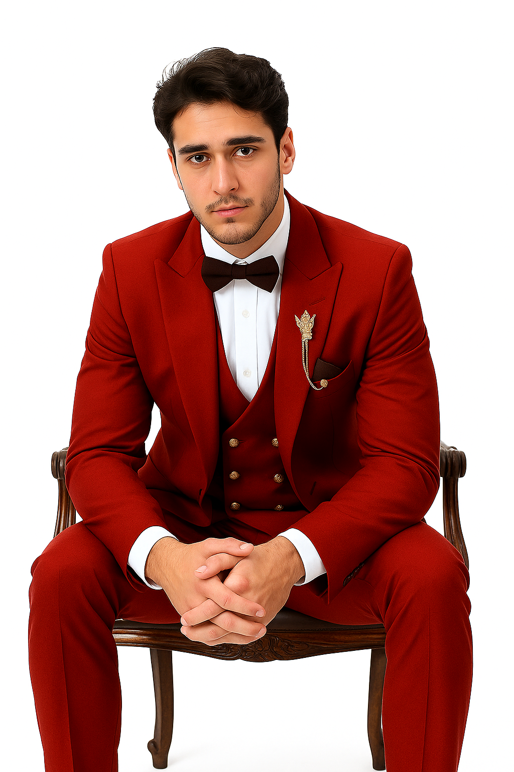EJ Samuel Men's Red Vested Suit with Double Breasted Bespoke Gold Buttons - Image 8