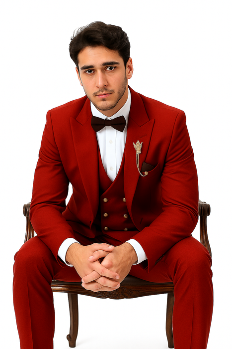EJ Samuel Men's Red Vested Suit with Double Breasted Bespoke Gold Buttons
