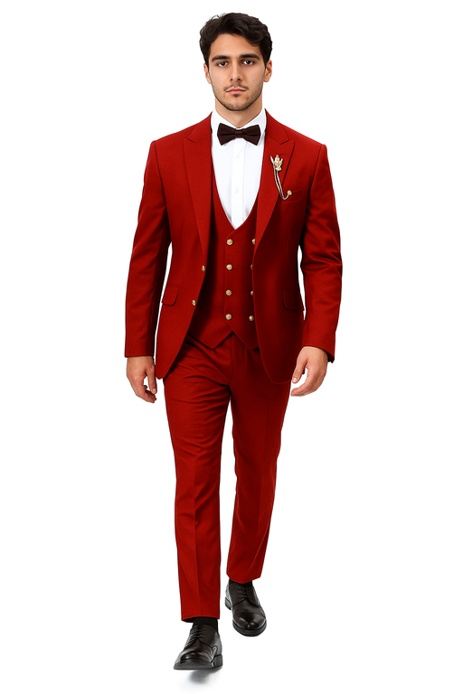 EJ Samuel Men's Red Vested Suit with Double Breasted Bespoke Gold Buttons