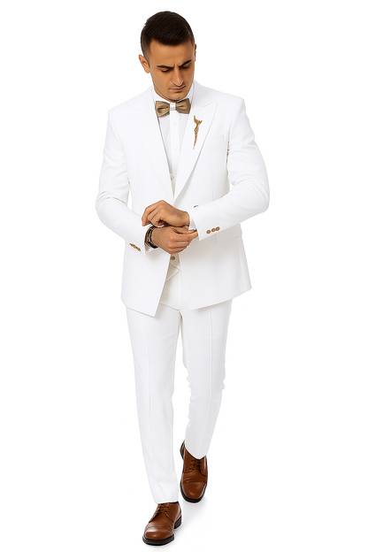 White Two-Button Peak Lapel Suit with Double Breasted Gold-Button Vest by EJ Samuel Modern Fit