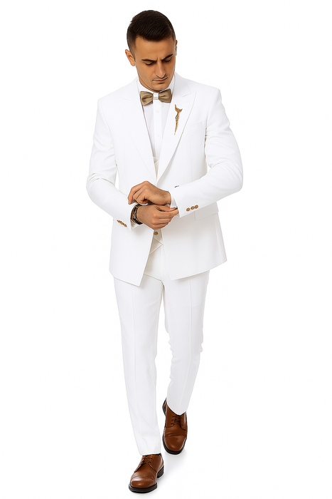 White Two-Button Peak Lapel Suit with Double Breasted Gold-Button Vest by EJ Samuel