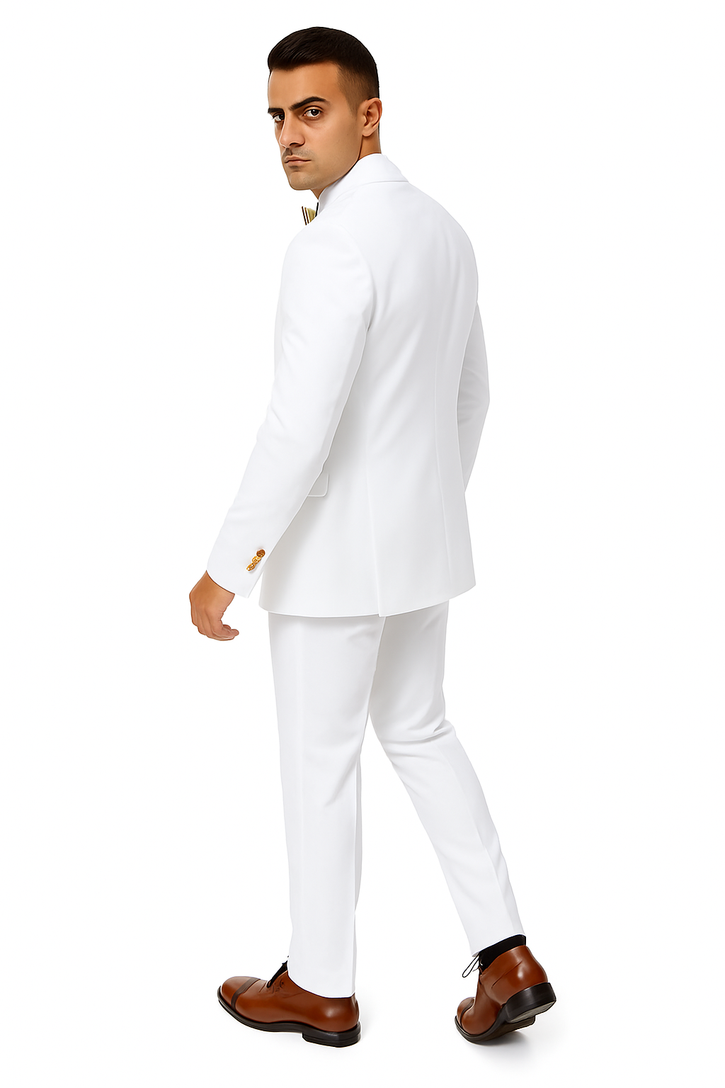 White Two-Button Peak Lapel Suit with Double Breasted Gold-Button Vest by EJ Samuel Modern Fit