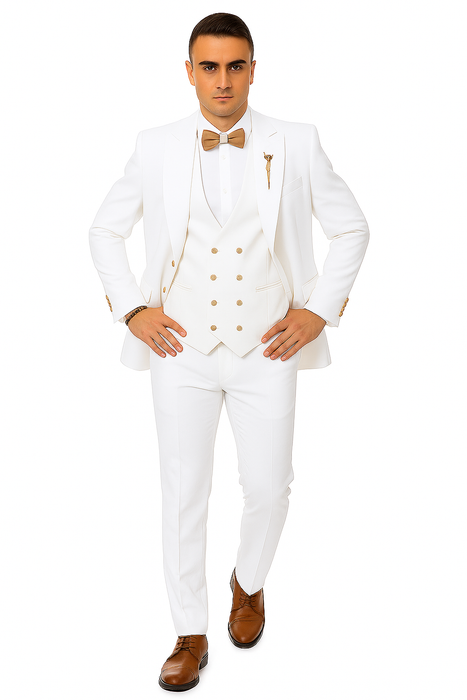 White Two-Button Peak Lapel Suit with Double Breasted Gold-Button Vest by EJ Samuel