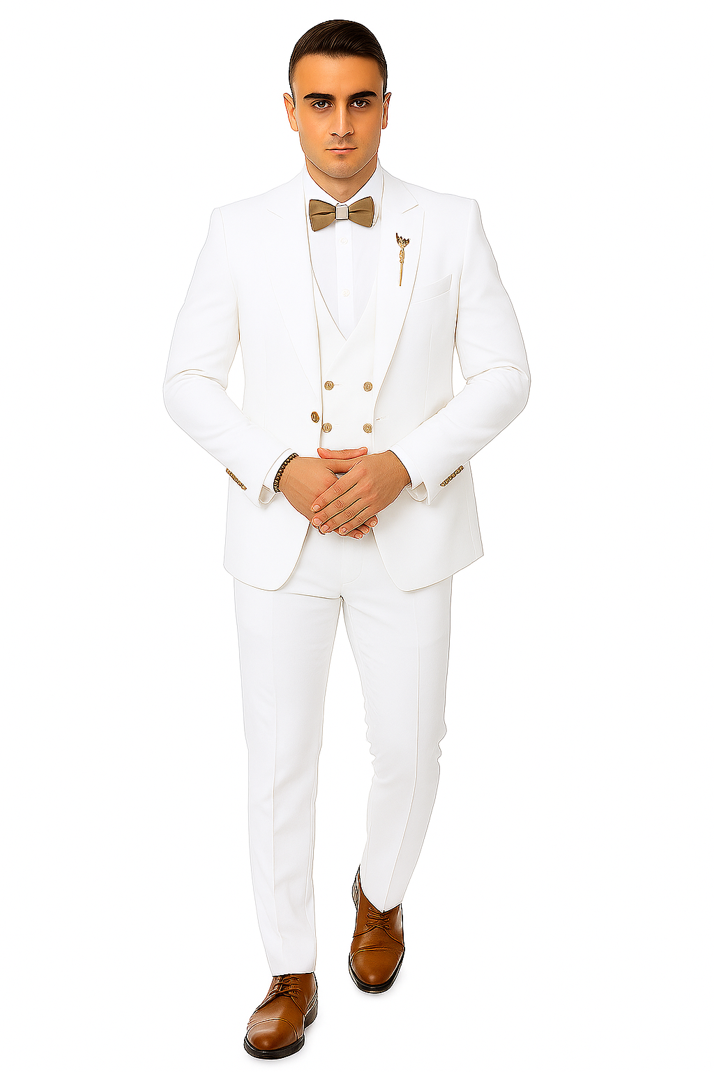 White Two-Button Peak Lapel Suit with Double Breasted Gold-Button Vest by EJ Samuel Modern Fit