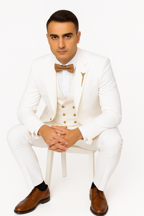 White Two-Button Peak Lapel Suit with Double Breasted Gold-Button Vest by EJ Samuel