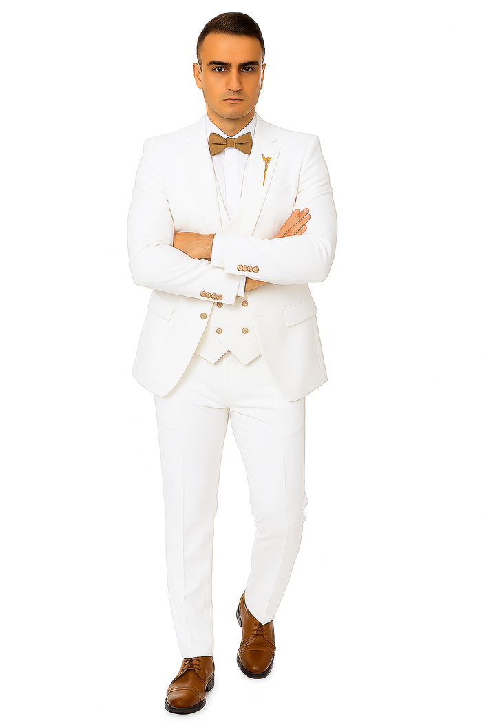 White Two-Button Peak Lapel Suit with Double Breasted Gold-Button Vest by EJ Samuel Modern Fit