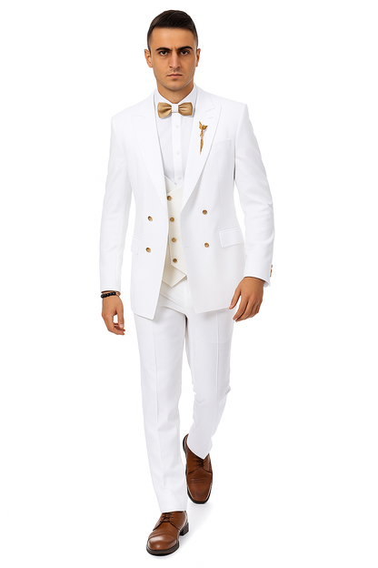 White Two-Button Peak Lapel Suit with Double Breasted Gold-Button Vest by EJ Samuel Modern Fit
