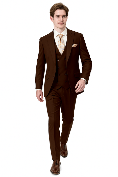 EJ Samuel Brown Modern Peak Lapel Suit with Double Breasted Vest