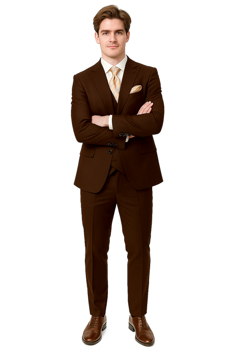 EJ Samuel Brown Modern Peak Lapel Suit with Double Breasted Vest