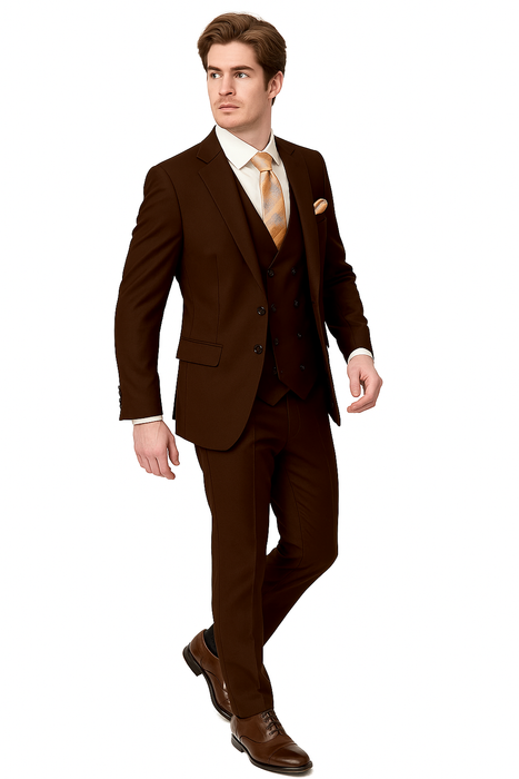EJ Samuel Brown Modern Peak Lapel Suit with Double Breasted Vest