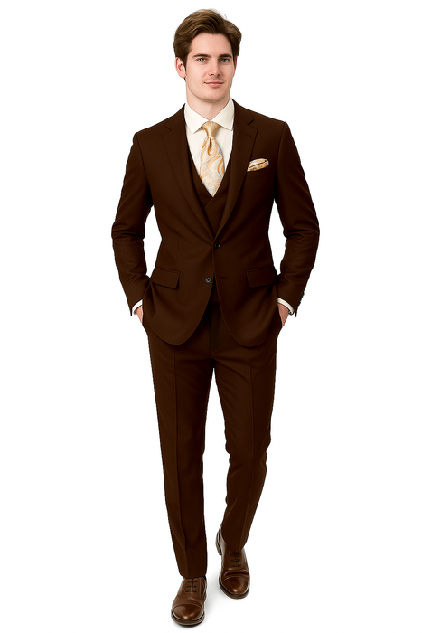 EJ Samuel Brown Modern Peak Lapel Suit with Double Breasted Vest