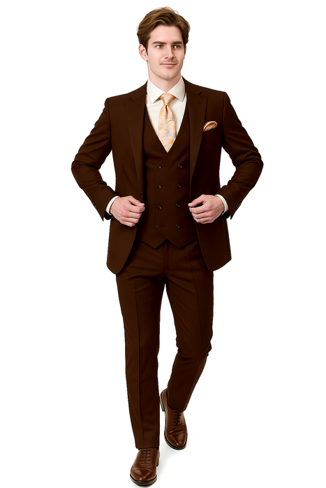 EJ Samuel Brown Modern Peak Lapel Suit with Double Breasted Vest