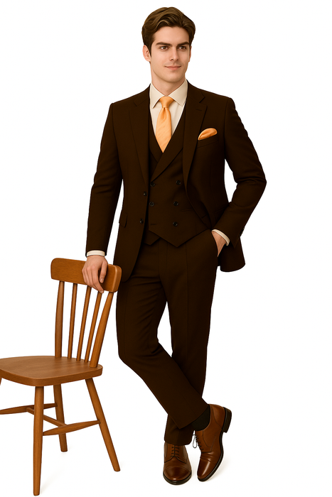 EJ Samuel Brown Modern Peak Lapel Suit with Double Breasted Vest