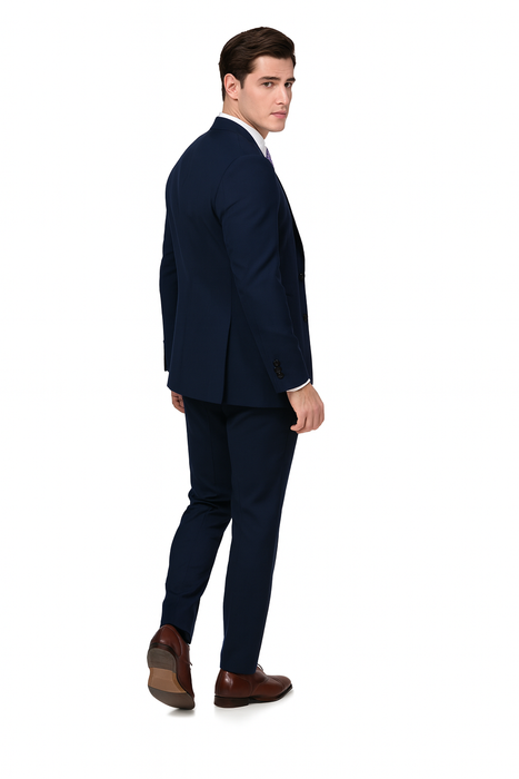 EJ Samuel Men's Navy Blue Peak Lapel 2-Button Vested Suit