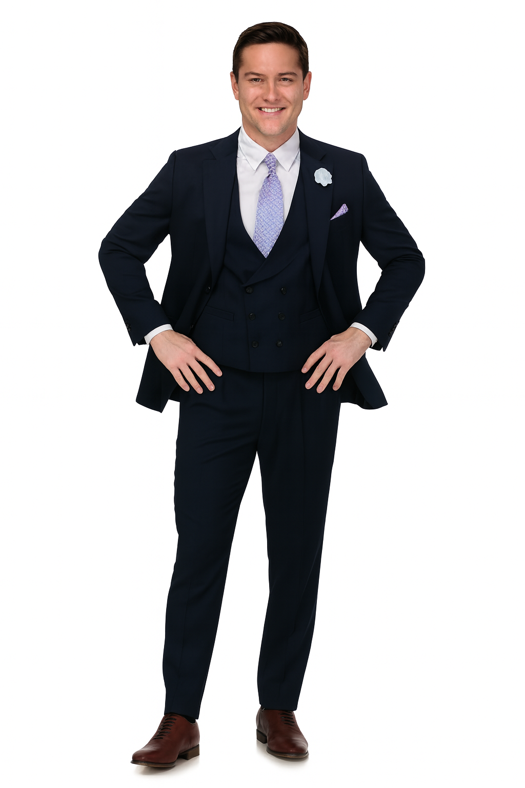 EJ Samuel Men's Navy Blue Peak Lapel 2-Button Vested Suit - Image 7