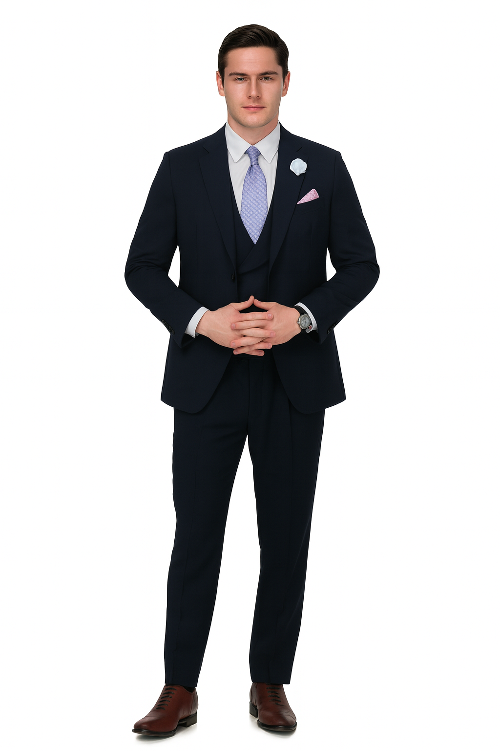 EJ Samuel Men's Navy Blue Peak Lapel 2-Button Vested Suit - Image 8